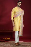 Yellow Banarasi Jacquard Silk Kurta Set with Printed Dupatta