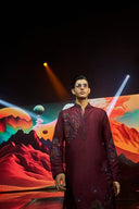 Wine Silk Kurta Set with Floral Placement Embroidery
