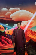 Wine Silk Kurta Set with Floral Placement Embroidery