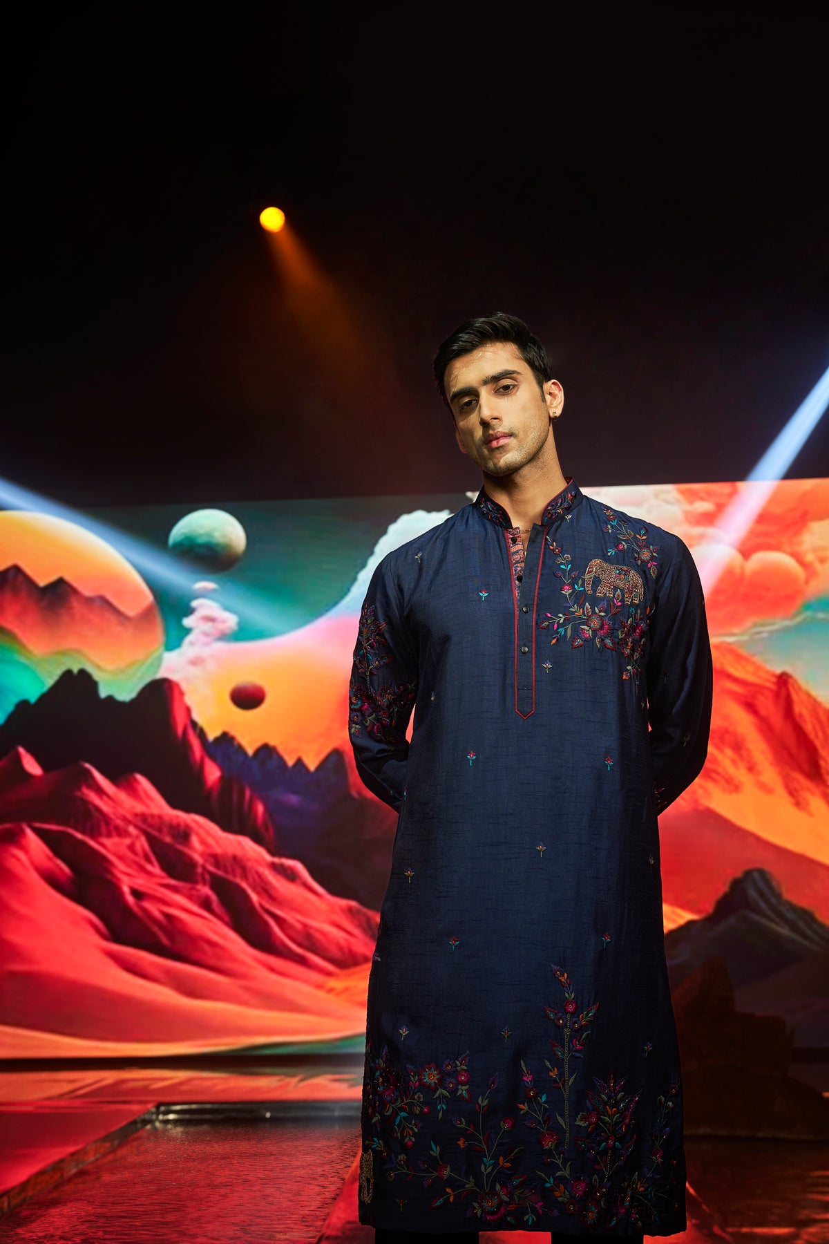 Navy Blue Floral and Animal Placement Embroidery Silk Kurta Set