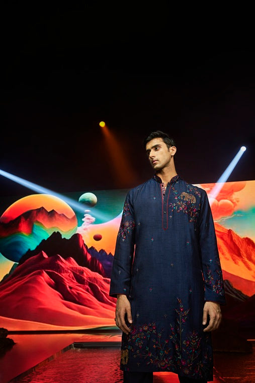 Navy Blue Floral and Animal Placement Embroidery Silk Kurta Set