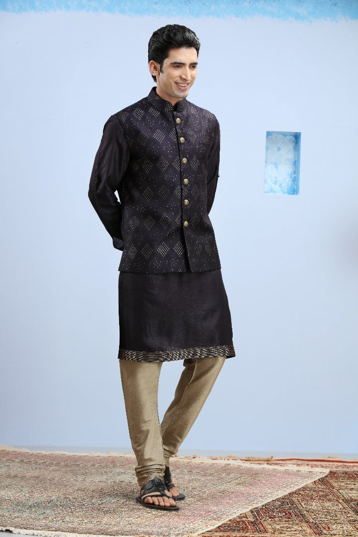 Dark Navy Blue Embellished Kurta Jacket Set