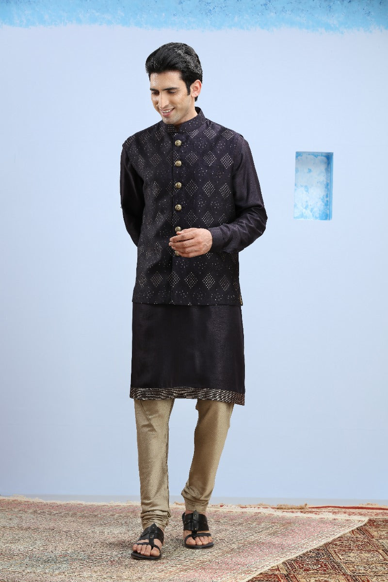 Dark Navy Blue Embellished Kurta Jacket Set