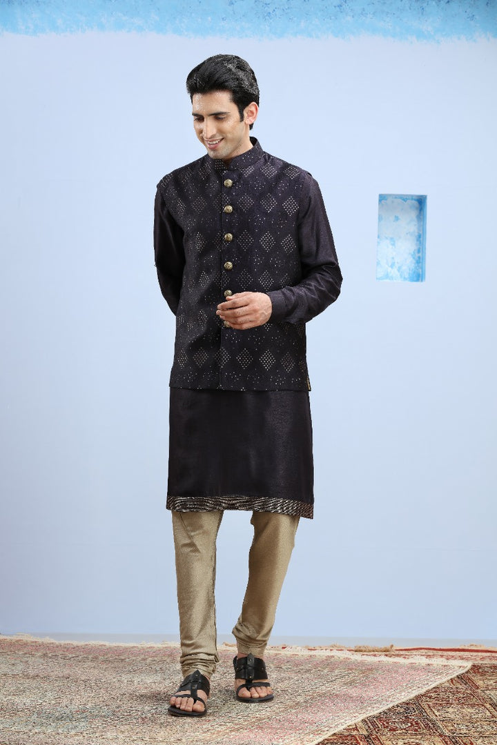 Dark Navy Blue Embellished Kurta Jacket Set