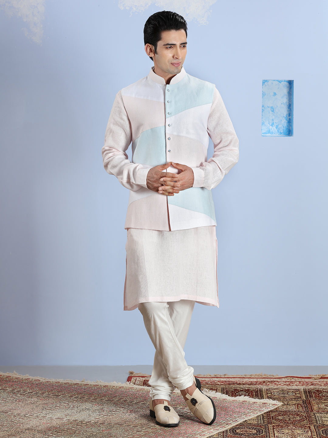 Summer Pink And Blue Cotton Linen Kurta Bandi Set