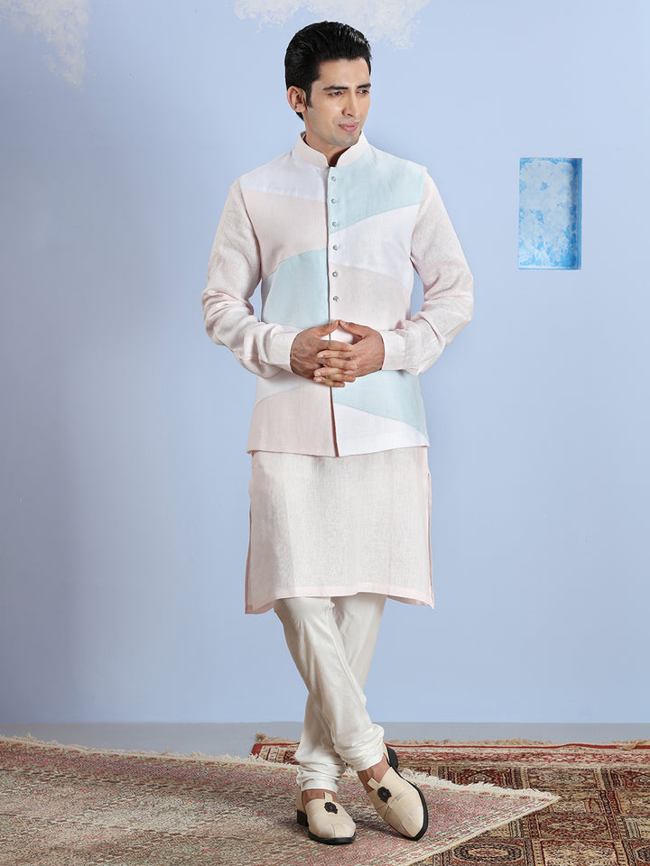 Summer Pink And Blue Cotton Linen Kurta Bandi Set