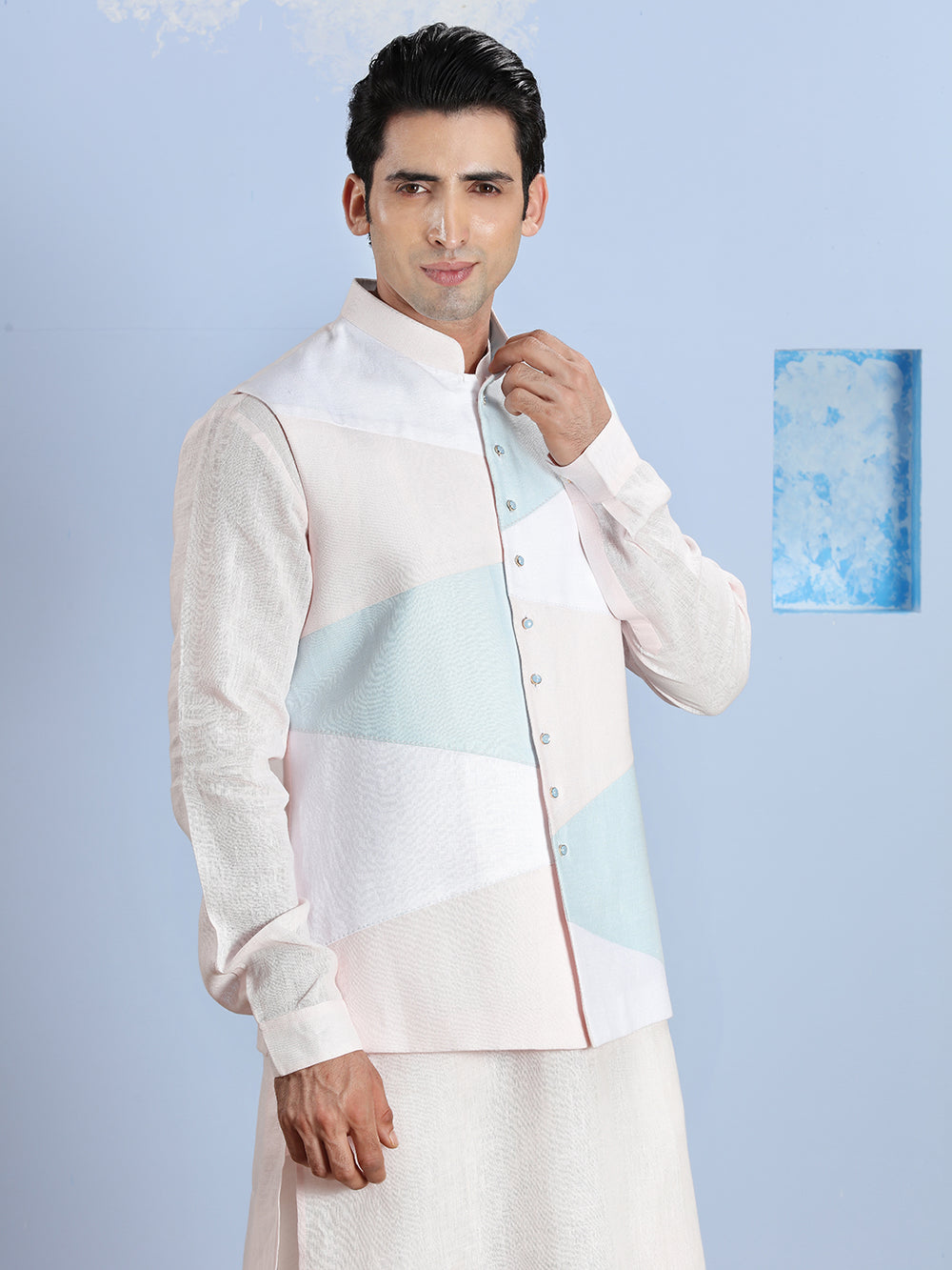 Summer Pink And Blue Cotton Linen Kurta Bandi Set