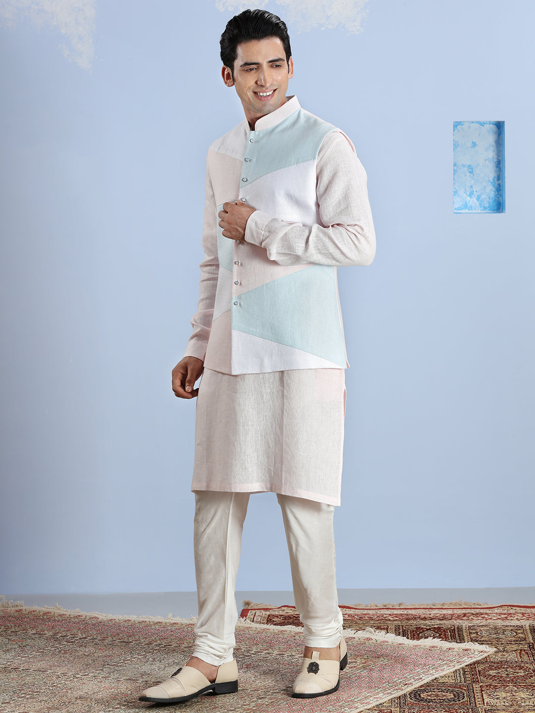 Summer Pink And Blue Cotton Linen Kurta Bandi Set