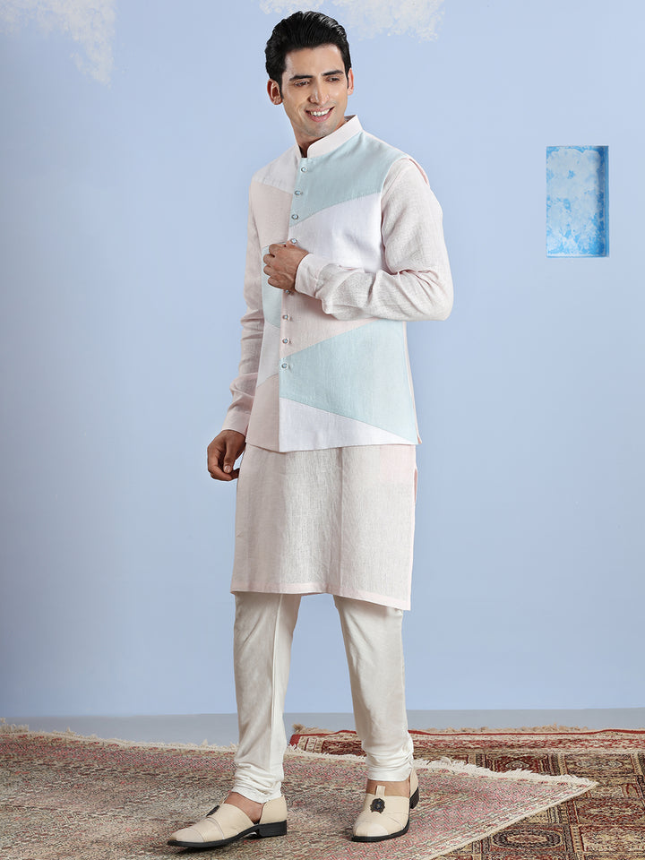 Summer Pink And Blue Cotton Linen Kurta Bandi Set