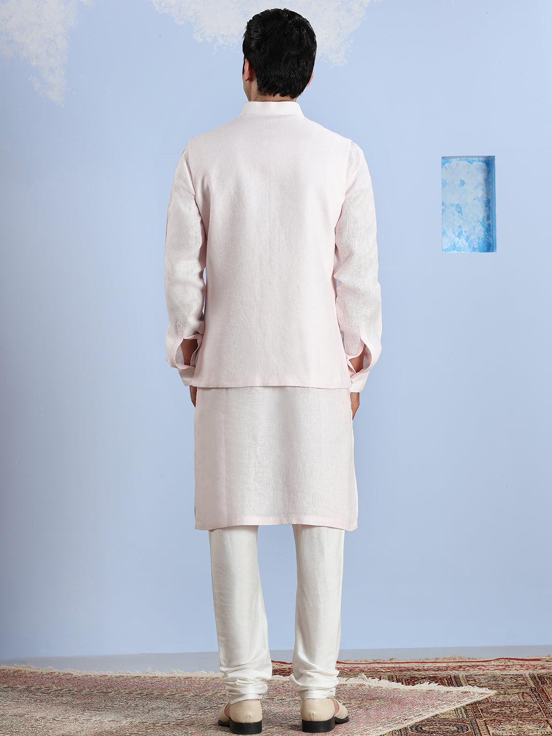 Summer Pink And Blue Cotton Linen Kurta Bandi Set