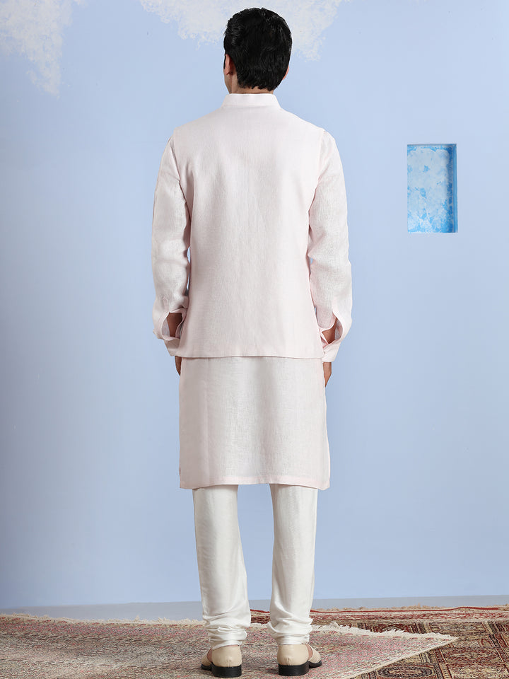 Summer Pink And Blue Cotton Linen Kurta Bandi Set