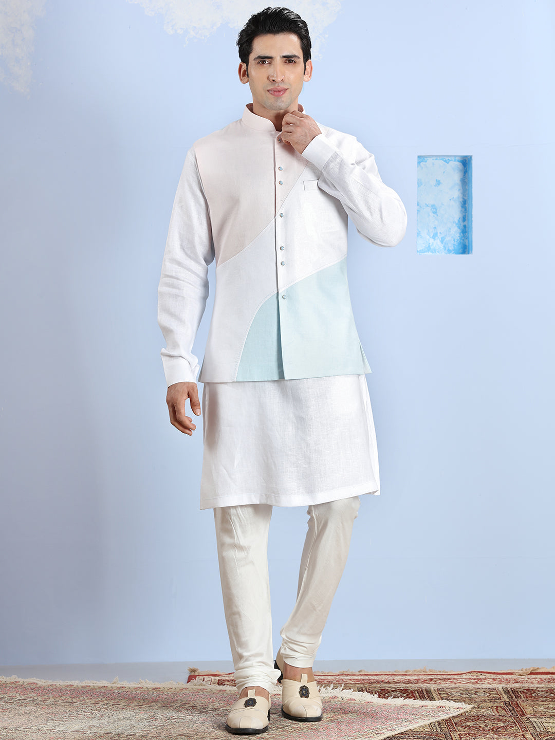 Pastel Pink And Blue Cotton Linen Kurta Bandi Set
