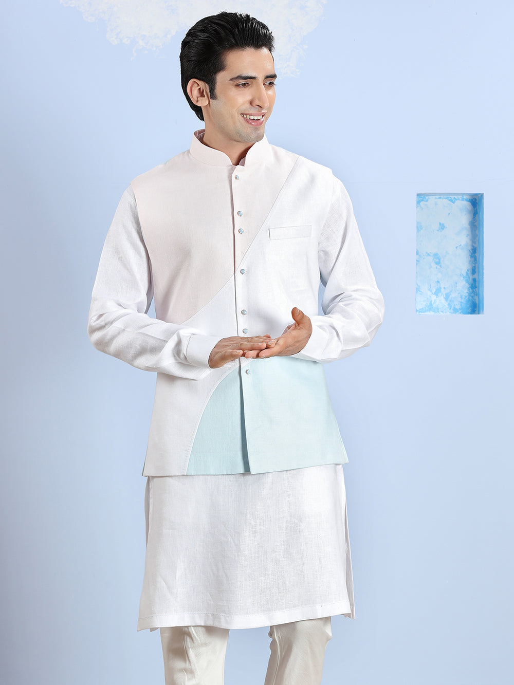 Pastel Pink And Blue Cotton Linen Kurta Jacket Set