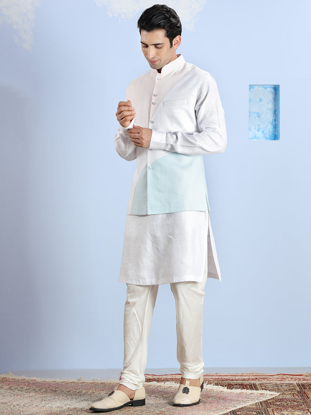 Pastel Pink And Blue Cotton Linen Kurta Jacket Set