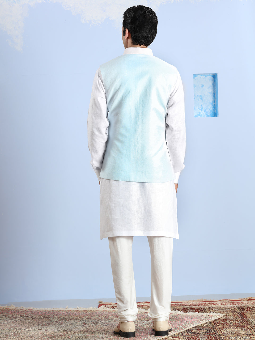 Pastel Pink And Blue Cotton Linen Kurta Jacket Set