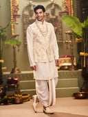 Muhurtham set with Foil gold patch with embroidery on Bundi, Kurta, and Dhoti