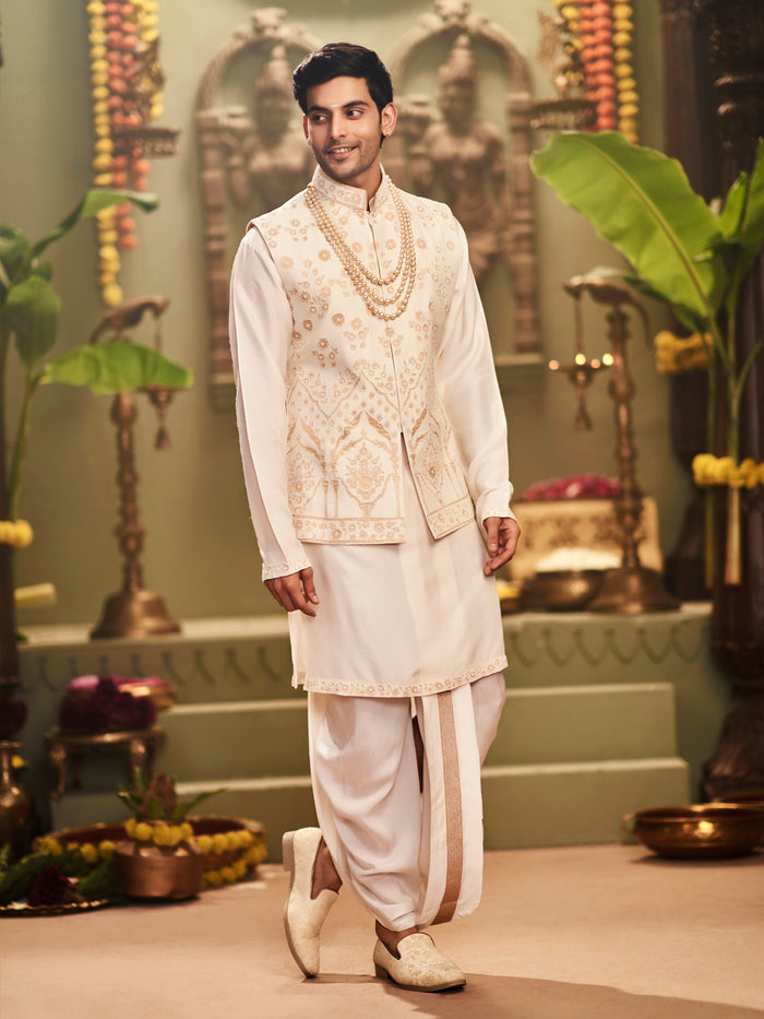 Muhurtham set with Foil gold patch with embroidery on Bundi, Kurta, and Dhoti