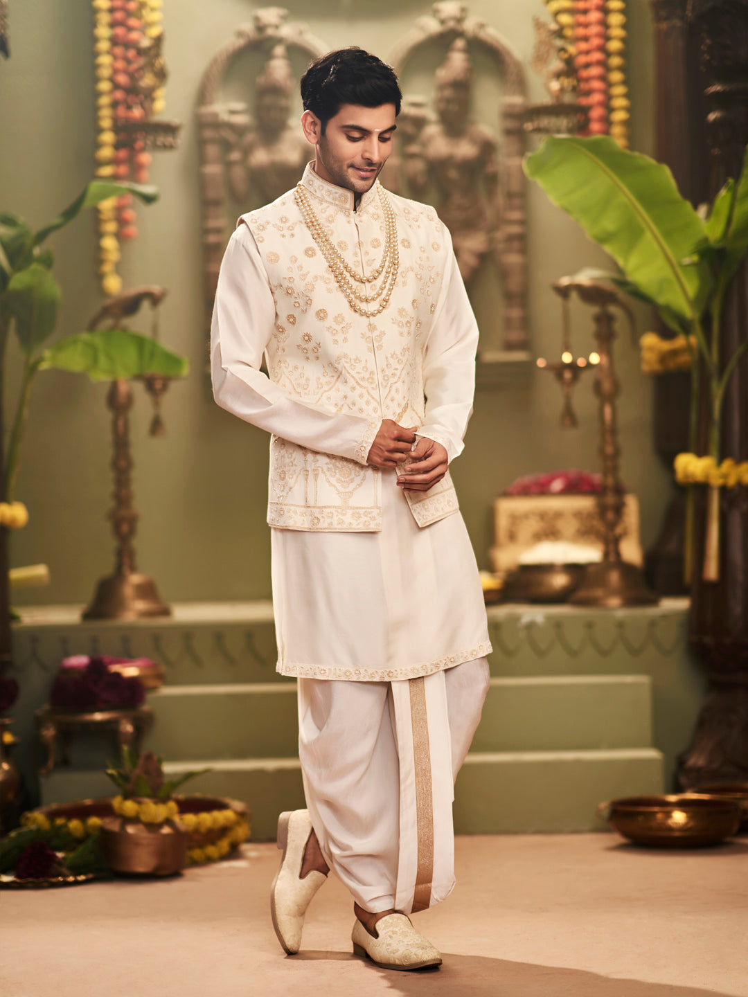 Muhurtham set with Foil gold patch with embroidery on Bundi, Kurta, and Dhoti - KORANM