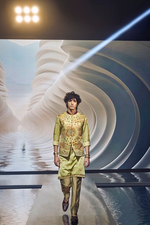 Olive Animal and Floral Embroidered Kurta Jacket Set