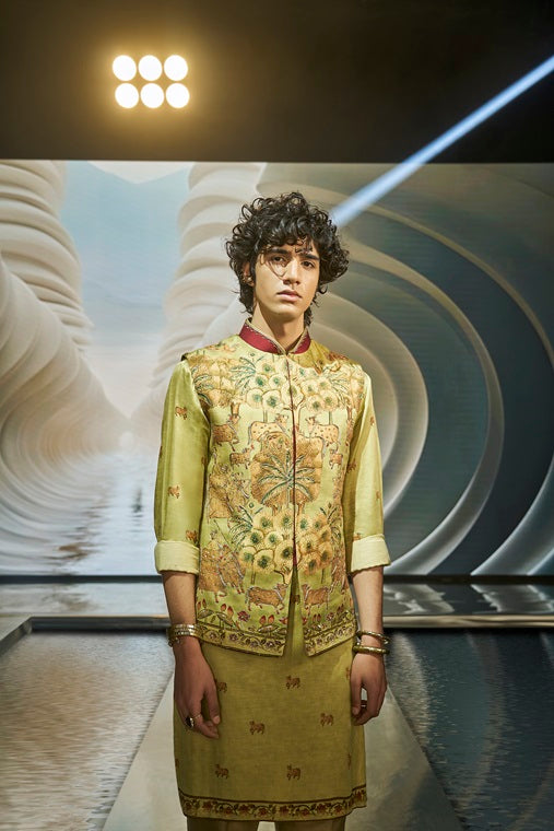 Olive Animal and Floral Embroidered Kurta Jacket Set