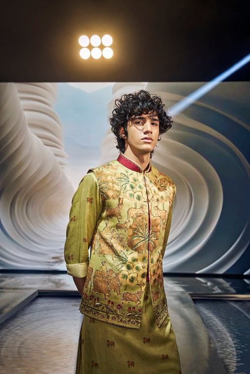 Olive Animal and Floral Embroidered Kurta Jacket Set