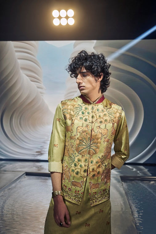 Olive Animal and Floral Embroidered Kurta Jacket Set