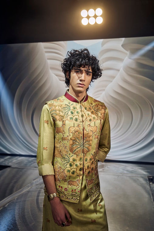Olive Animal and Floral Embroidered Kurta Jacket Set