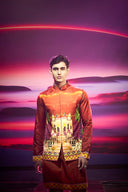 Maroon Silk Heritage Print with Antique Gold Highlight Embroidery Kurta Jacket Set