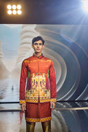 Maroon Silk Heritage Print with Antique Gold Highlight Embroidery Kurta Jacket Set