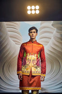 Maroon Silk Heritage Print with Antique Gold Highlight Embroidery Kurta Jacket Set