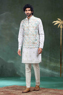 Aqua Blue Blended Silk Embroidered Bandi Set