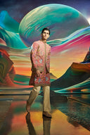 Onion Pink Silk Floral and Animal Embroidery Kurta Jacket Set