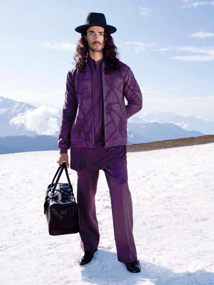 Matte Mauve Laser-cut Embroidered Bomber Set For Men