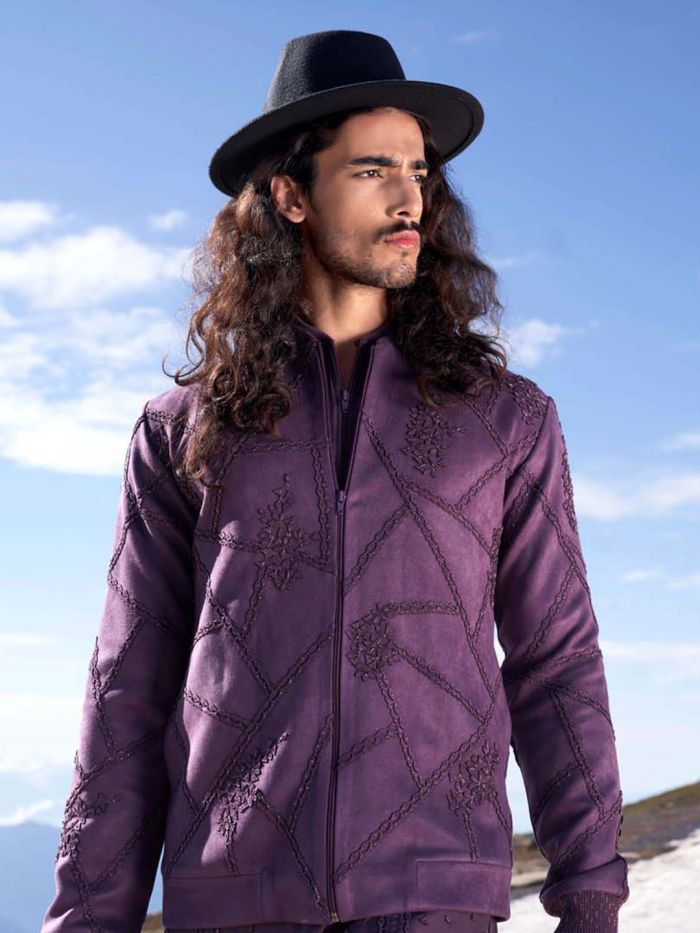 Matte Mauve Laser-cut Embroidered Bomber Set For Men
