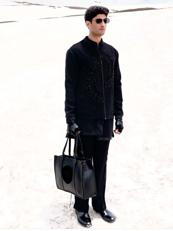 Raven Black Embellished Bomber Jacket Set For Men