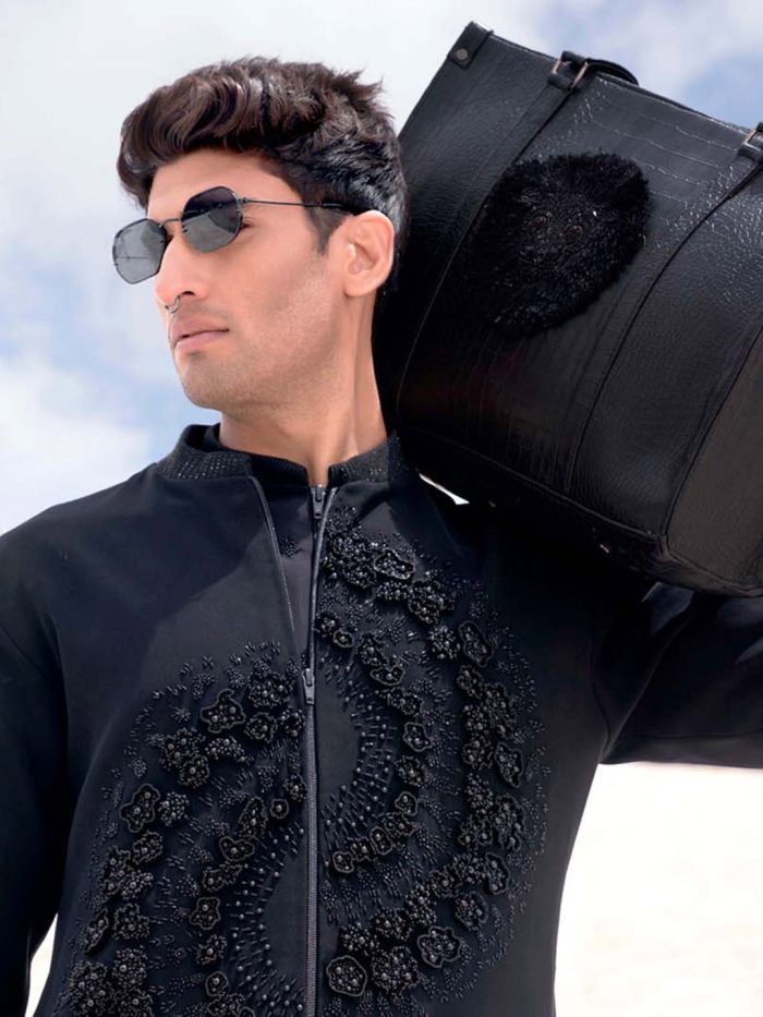 Raven Black Embellished Bomber Jacket Set For Men