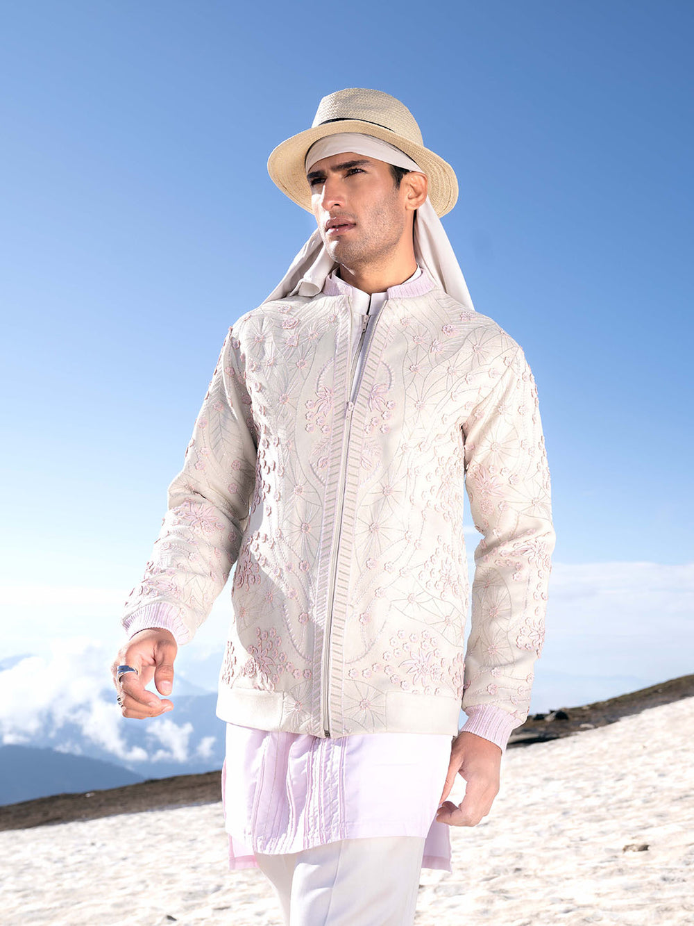 Natural Beige Laser-cut Applique Embroidered Kurta Bomber Set