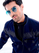Deep navy Blue Embellished Bomber Set For Men