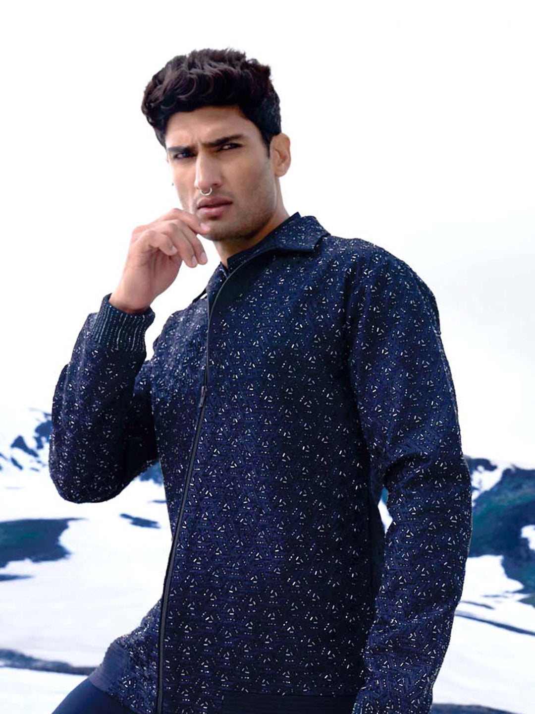 Cosmic Navy Blue Embellished Bomber Jacket Set For Groom