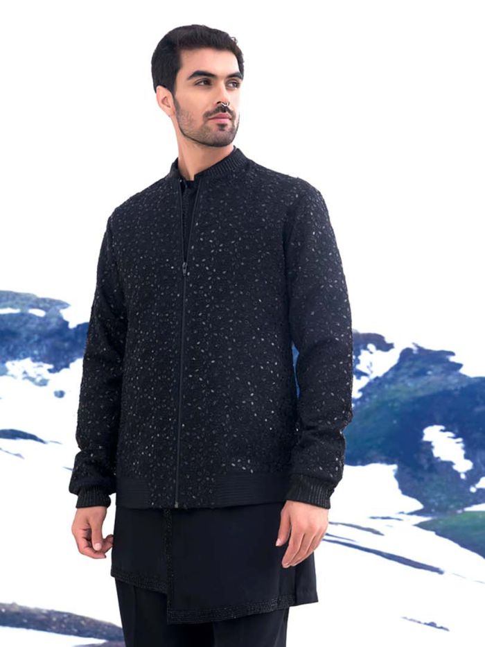 Raw Black Embroidered Kurta Bomber Set For Men