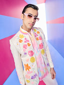 Cream Bandhgala Sets with Embroidered Floral Work Bomber Jacket and Pants.