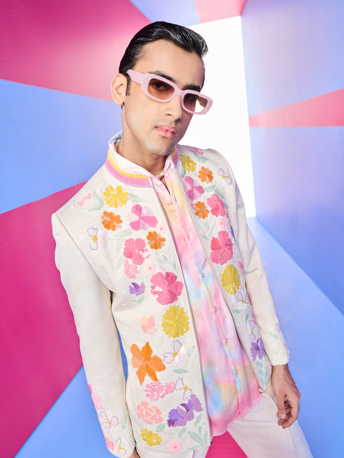 Cream Bandhgala Sets with Embroidered Floral Work Bomber Jacket and Pants.
