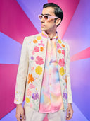 Cream Bandhgala Sets with Embroidered Floral Work Bomber Jacket and Pants.