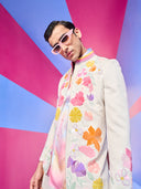 Cream Bandhgala Sets with Embroidered Floral Work Bomber Jacket and Pants.
