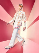 Cream Bandhgala Sets with Embroidered Horses, Colorful ThreadWork Jacket, and Pants.