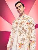 Cream Bandhgala Sets with Embroidered Horses, Colorful ThreadWork Jacket, and Pants.