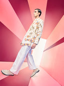 Cream Bandhgala Sets with Embroidered Horses, Colorful ThreadWork Jacket, and Pants.