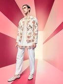 Cream Bandhgala Sets with Embroidered Horses, Colorful ThreadWork Jacket, and Pants.