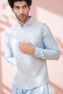 Jetstream Blue Cowl Kurta Set With Embellished Bandi Jacket Set - KORANM