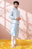 Jetstream Blue Cowl Kurta Set With Embellished Bandi Jacket Set - KORANM